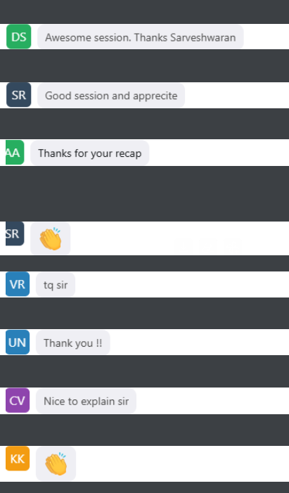 Live session chat feedback, names blurred